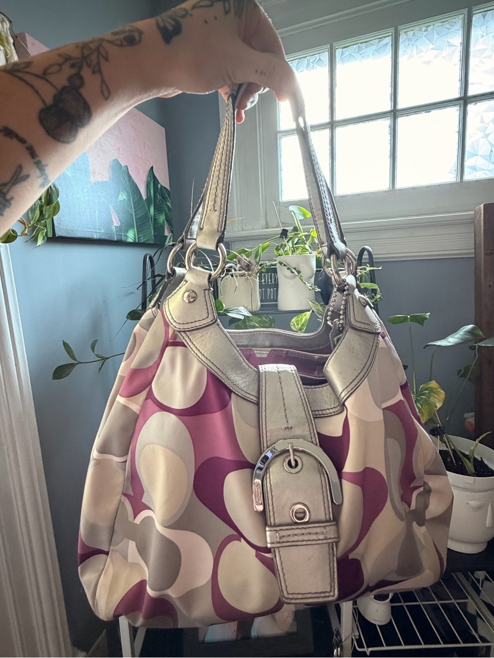 COACH Soho Optic Art Scarf Print Satin Hobo Bag Purple